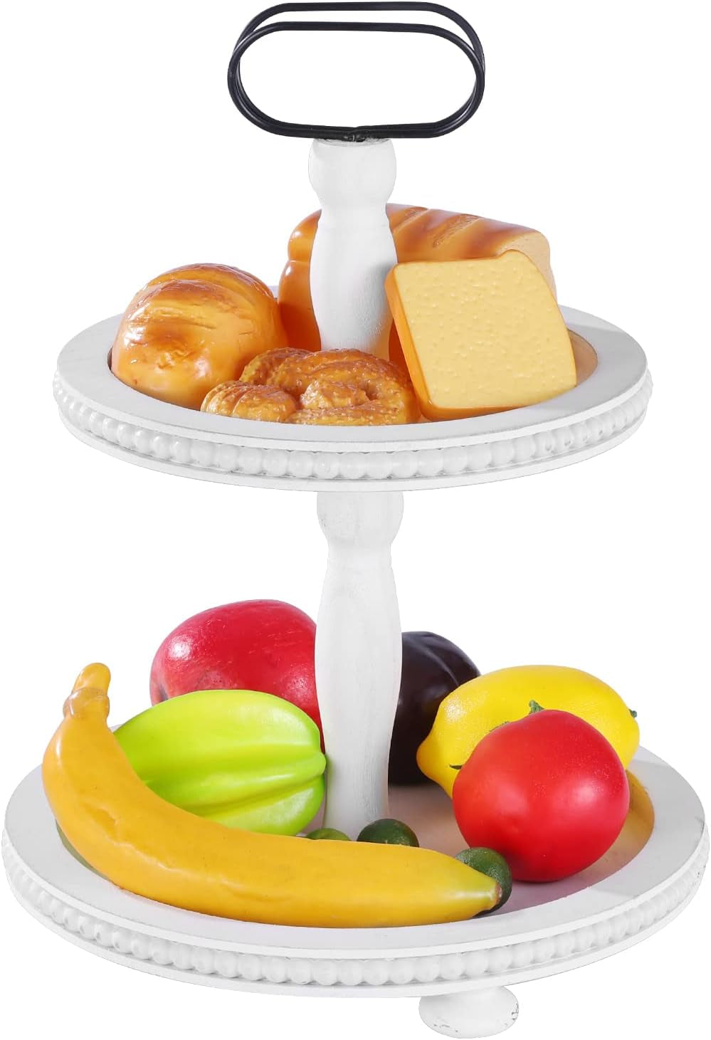 Wooden Decorative Tray Two Tiered Trays Decorations round Serving Tray with Metal Handle, Wooden Cupcake Stand for Party Tiered Dessert Stand - Retro White Farmhouse Wood Tray