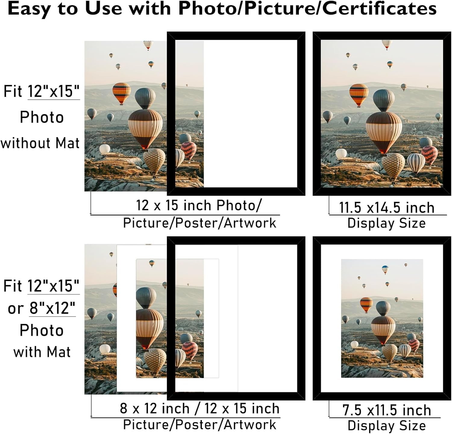 12X15 Picture Frame with Mat, Display 8X12 with Mat or 12 X 15 without Mat, Wood 12 by 15 Photo Frames for Wall Hanging, 1 Pack, Black