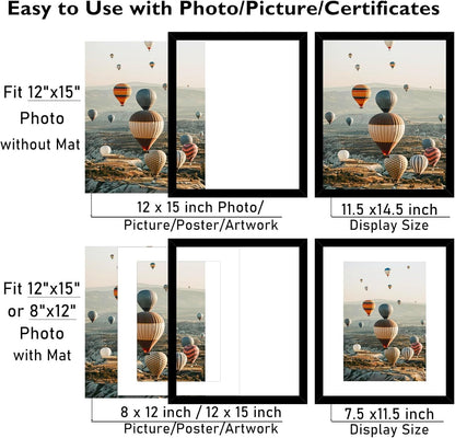 12X15 Picture Frame with Mat, Display 8X12 with Mat or 12 X 15 without Mat, Wood 12 by 15 Photo Frames for Wall Hanging, 1 Pack, Black