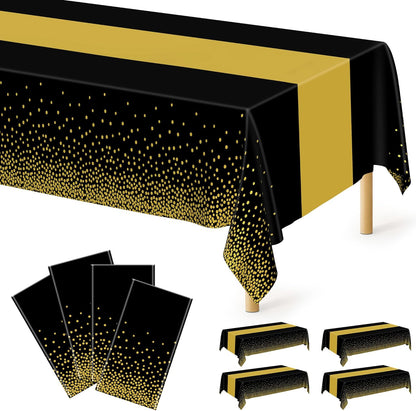 4Pack Black and Gold Tablecloths for Events, 54" X 108" Plastic Table Cloth Disposable for Rectangle Tables, Waterproof Table Cloth Cover for New Years Eve Decorations Holiday Birthday Wedding Dining