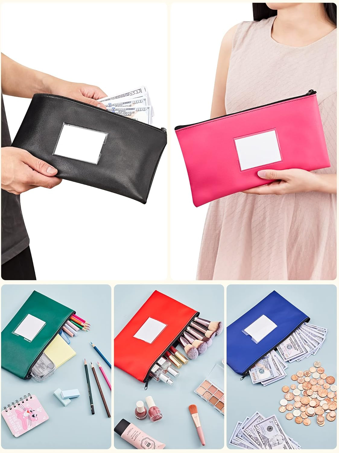 5-Pack Money Bags with Zipper, PU Leather Bank Deposit Bags, Waterproof Money Pouch for Organize Cash, Coins, Cosmetics, Invoice, Bills, Tools, 11.5 X 6.2 Inches, Dark Colors