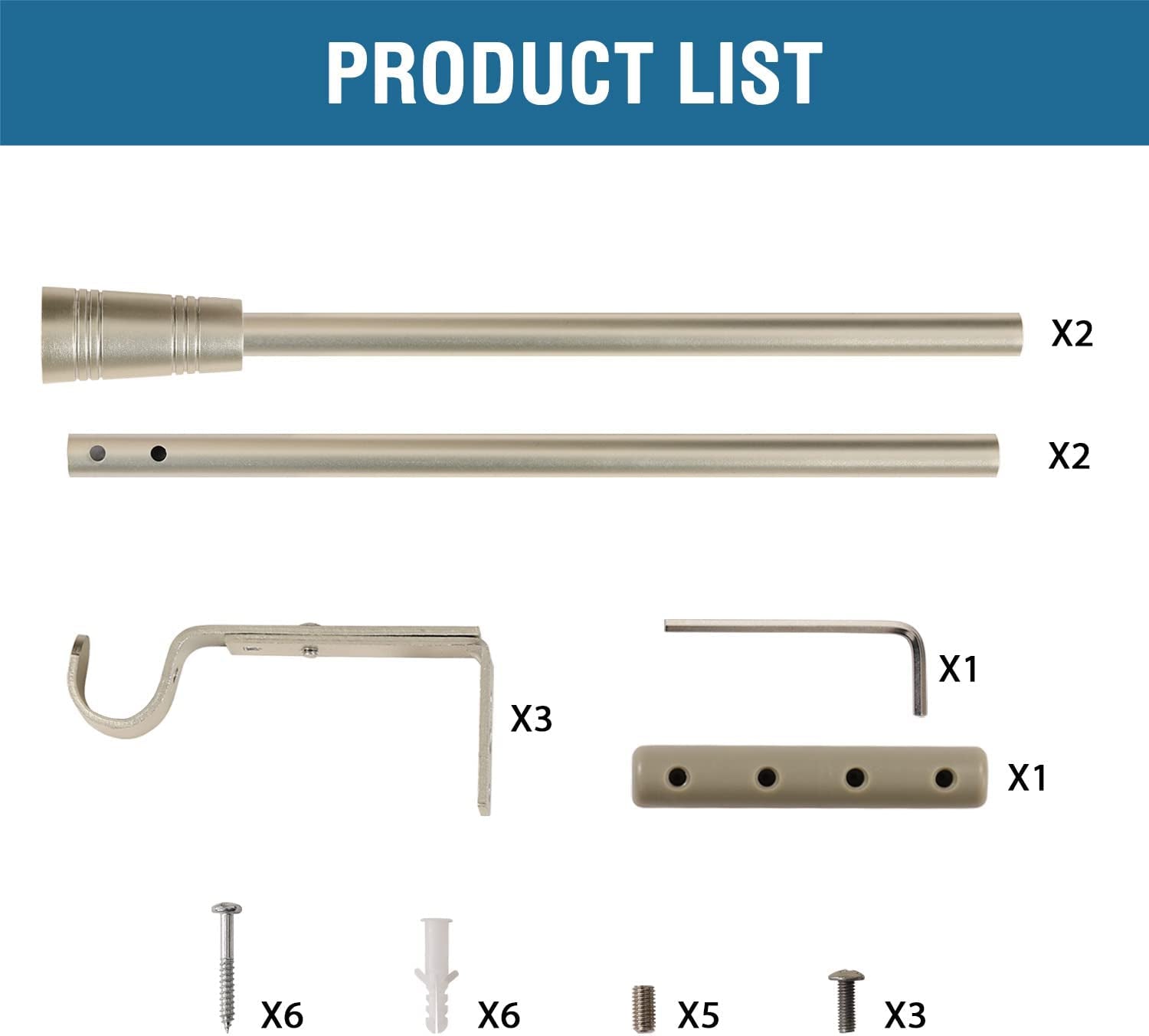 Window Curtain Rods for Windows 30 to 48 Inches Splicing Adjustable 3/4 Inch Diameter Single Window Curtain Rod Set with Cylindrical Finials, Nickel