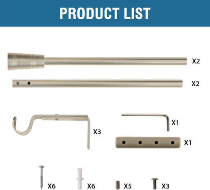 Window Curtain Rods for Windows 30 to 48 Inches Splicing Adjustable 3/4 Inch Diameter Single Window Curtain Rod Set with Cylindrical Finials, Nickel