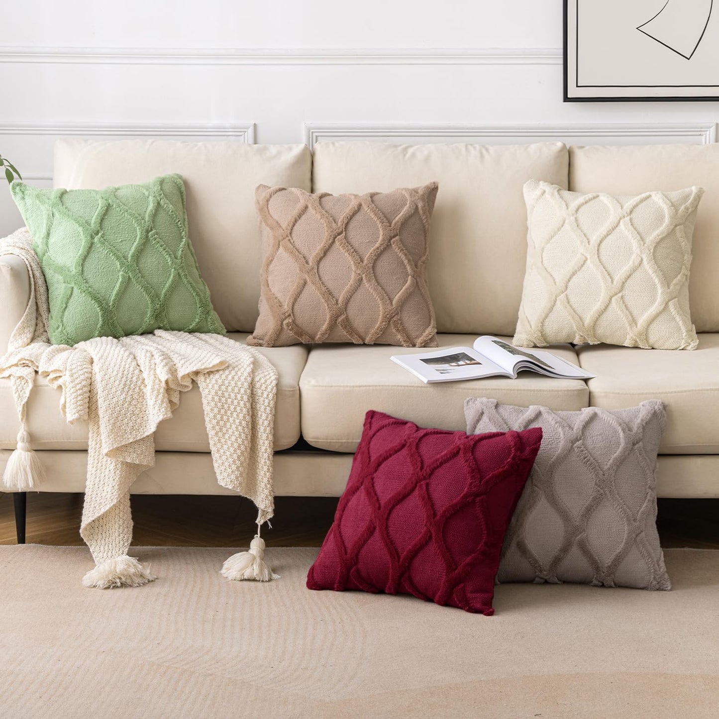 Christmas Decorative Throw Pillow Covers Burgundy 18X18 Inch Set of 2, Winter Soft Plush Faux Wool Couch Cushion Covers Farmhouse Throw Pillows for Couch Bed Sofa Living Room