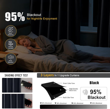 Black Short Black Out Pinch Pleated Curtains for Bedroom 54 Inches Long 2 Panels, Solid Curtains Thermal Insulated Energy Saving Window Treatment Curtains with Hooks, 42" W X 54" L