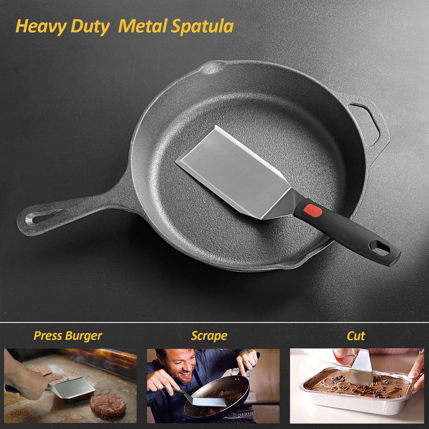 Stainless Steel Spatula Set with Heat Resistant Silicone Handle,  Metal Spatulas for Kitchen Use, Thickened Smash Burger Spatula, Mini Brownie Spatula, Fish Flipper, Grill Scraper