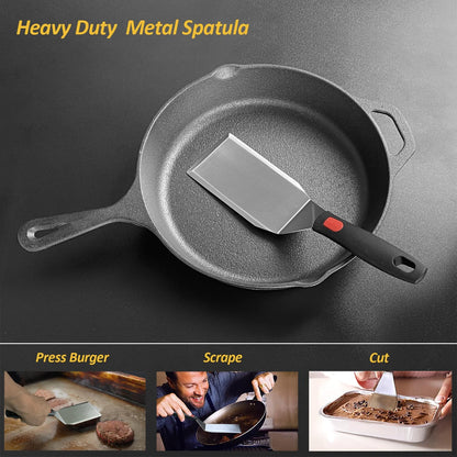 Stainless Steel Spatula Set with Heat Resistant Silicone Handle,  Metal Spatulas for Kitchen Use, Thickened Smash Burger Spatula, Mini Brownie Spatula, Fish Flipper, Grill Scraper