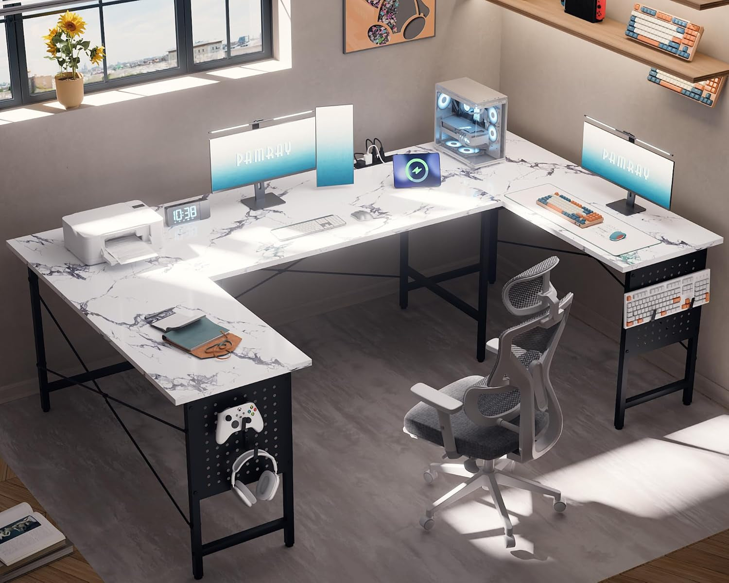 71 Inch Large Computer Desk with Power Outlets,U Shaped Corner Desk for Home Office Work and Gaming Marble