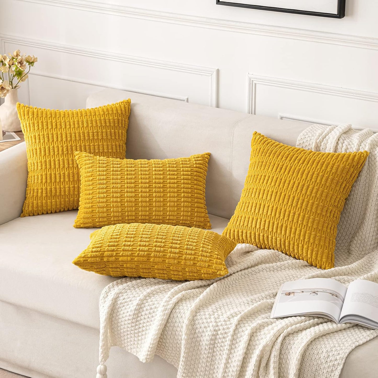 Pack of 2 Corduroy Decorative Throw Pillow Covers 18X18 Inch Soft Boho Striped Pillow Covers Modern Farmhouse Home Decor for Summer Sofa Living Room Couch Bed Mustard Yellow