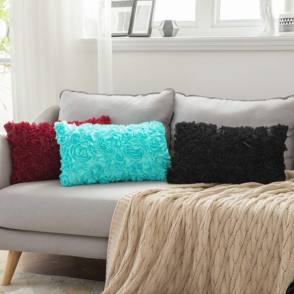 3D Decorative Romantic Valentines Stereo Chiffon Rose Flower Throw Pillow Cover Solid Pillowcase for Girl Women Wedding Sofa Bedroom Car Spring Decor 12X20 Inch 30X50Cm Aqua