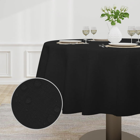 Faux Linen Waterproof Spill-Proof Tablecloth Stain Resistant round Table Cloth Wrinkle Free Decorative Fabric for Kitchen, Dining, Party, Weddings, Restaurants (70 In-Round, Black)