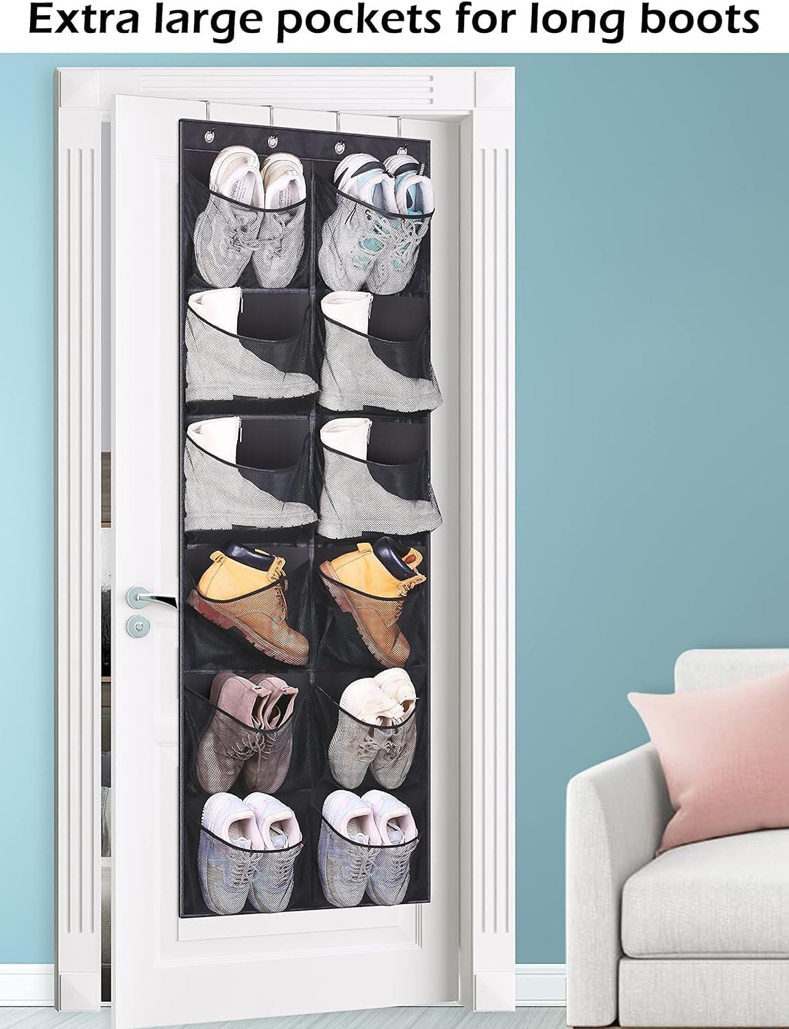 Boots Hanging Shoe Organizer for Closet 12 Extra Large Mesh Pockets over the Door Shoe Rack for Men Shoes Size 16, Black