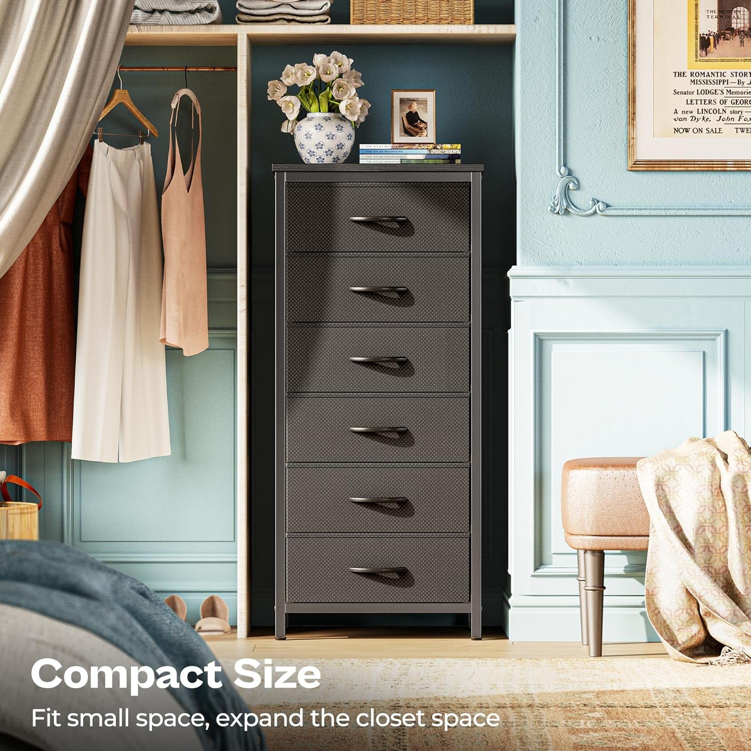 Tall Fabric Dresser with 6 Drawers and Metal Frame, Versatile Storage Solution for Bedroom, Closet, and Nightstand, Black