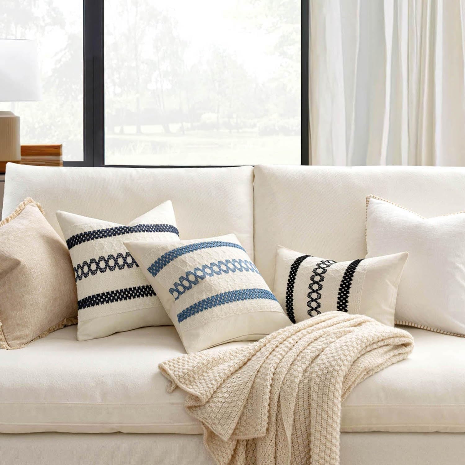 Set of 2 Coastal Blue Boho Decorative Lumbar Pillow Covers 12X20 Inch Farmhouse Rustic Couch Throw Pillows Modern Summer Cushion Covers Retro Cute Macrame Woven Home Decor for Bed Sofa Chair