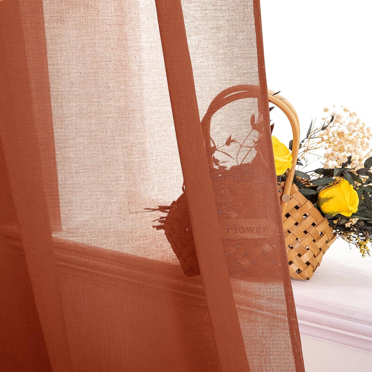 Terracotta Linen Textured Sheer Curtains 2 Panels for Kitchen/Bedroom/Living Room Semi Transparent Voile Drapes Rust Boho Farmhouse Fall Decor Window Panels Rod Pocket, W 54 X L 54 Inches Long