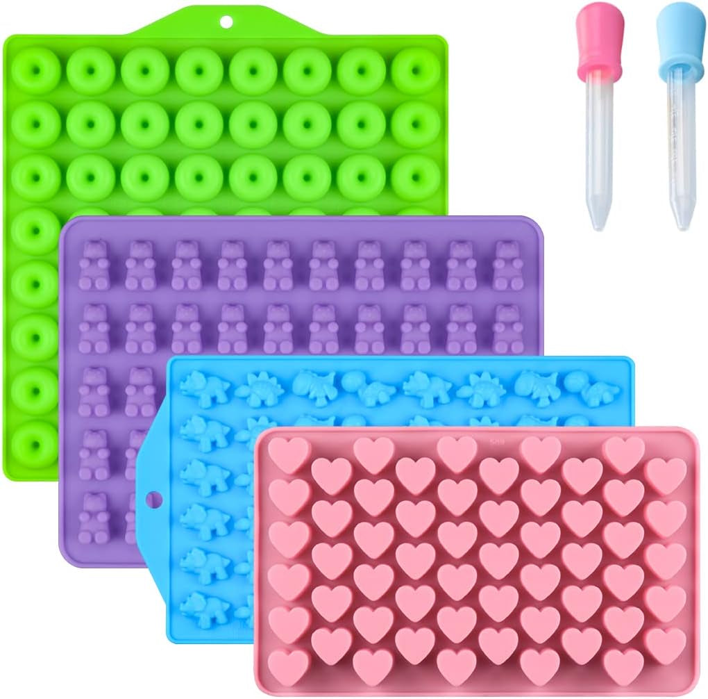 Gummy Molds, Bear Dinosaur Heart Mini Donut Silicone Gummy Molds with 2 Droppers, Pack of 4 Silicone Candy Mold