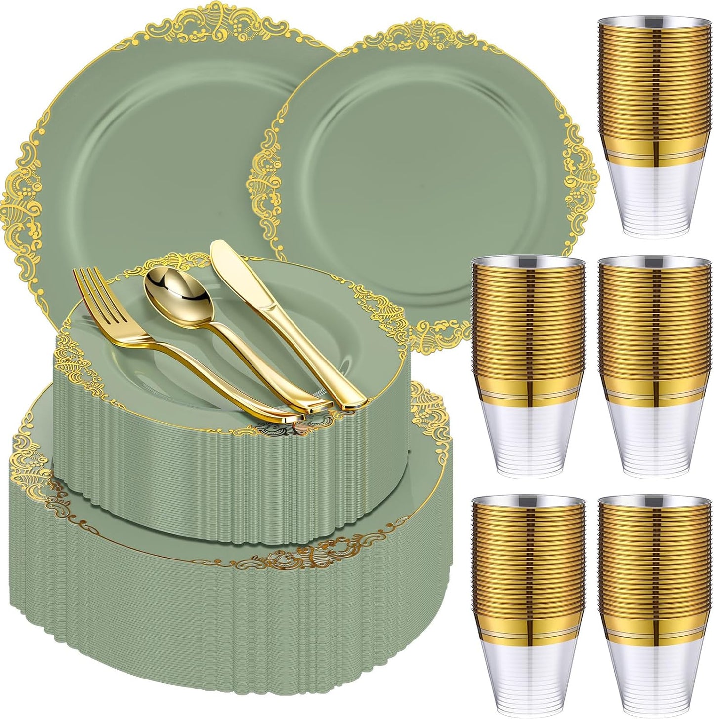 300-Piece Sage Green Plastic Dinnerware Set with Gold Accents - Includes 50 Dinner Plates (10.2"), 50 Dessert Plates (7.5"), and 150 Gold Utensils for Weddings and Events