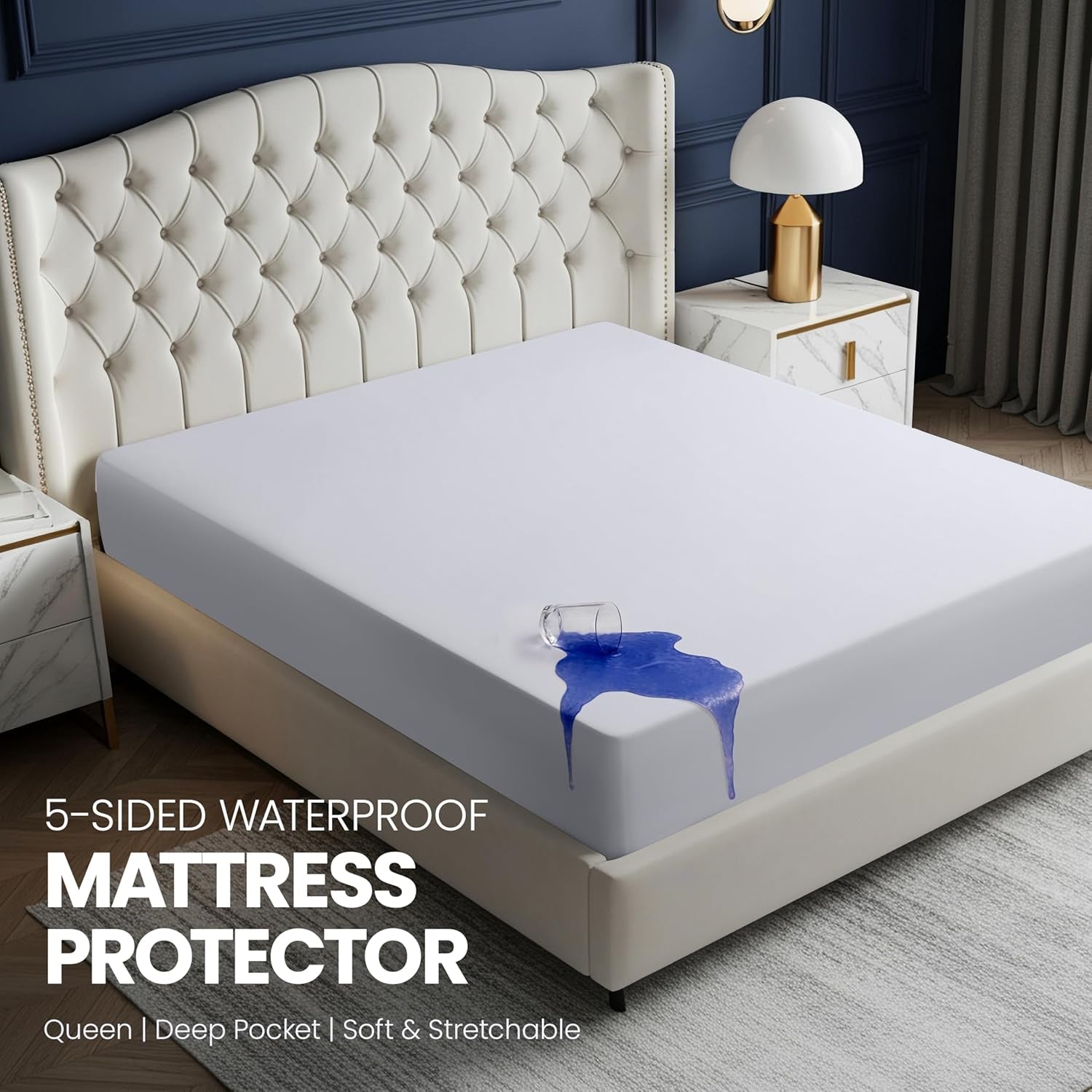 Waterproof 5-Sided Mattress Protector Queen Size, Premium Breathable Mattress Cover, Fitted Style with Stretchable Pockets (White)