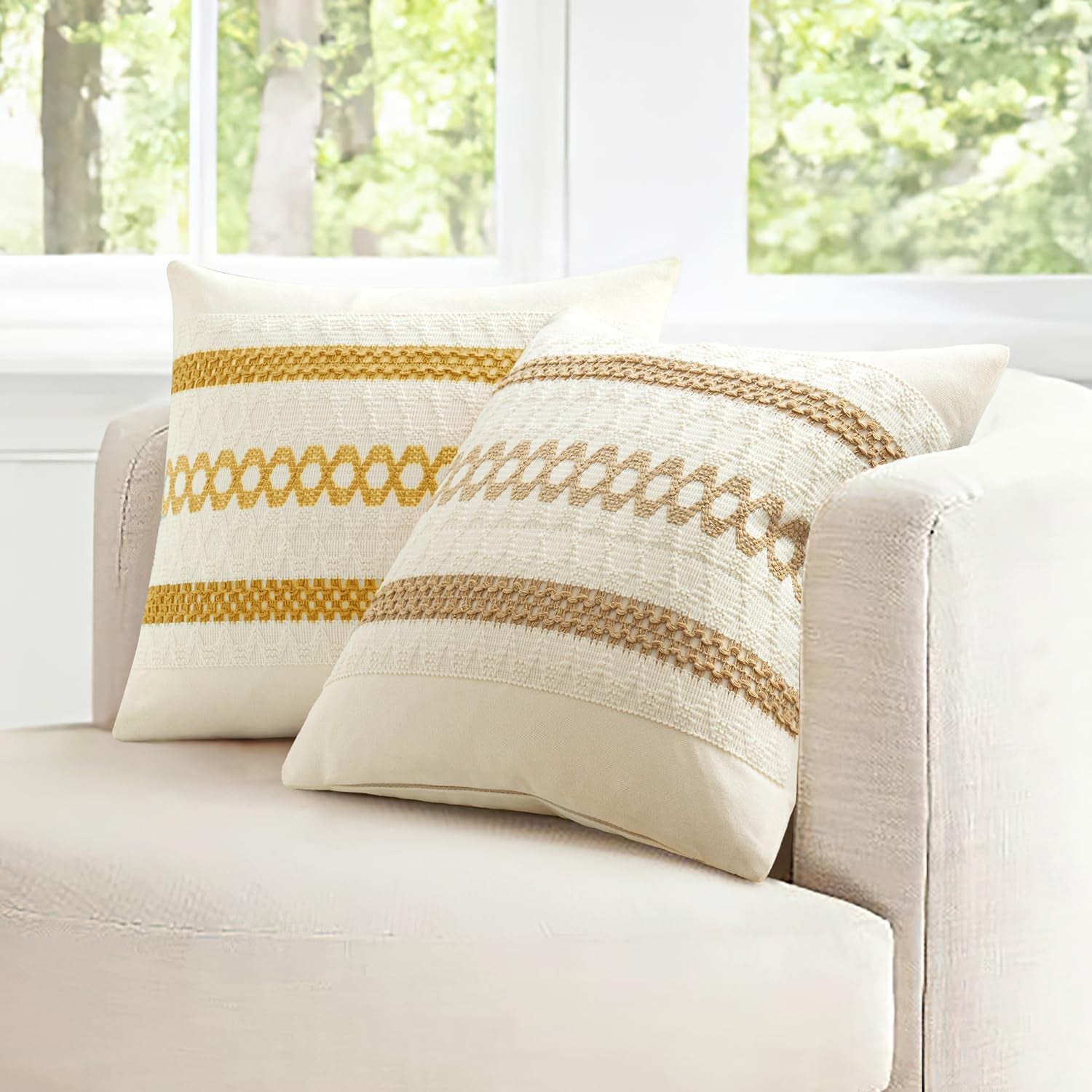 Set of 2 Neutral Boho Decorative Lumbar Pillow Covers 12X20 Inch Farmhouse Rustic Couch Throw Pillows Modern Cotton Cushion Covers Retro Cute Macrame Woven Home Decor for Bed Sofa Chair