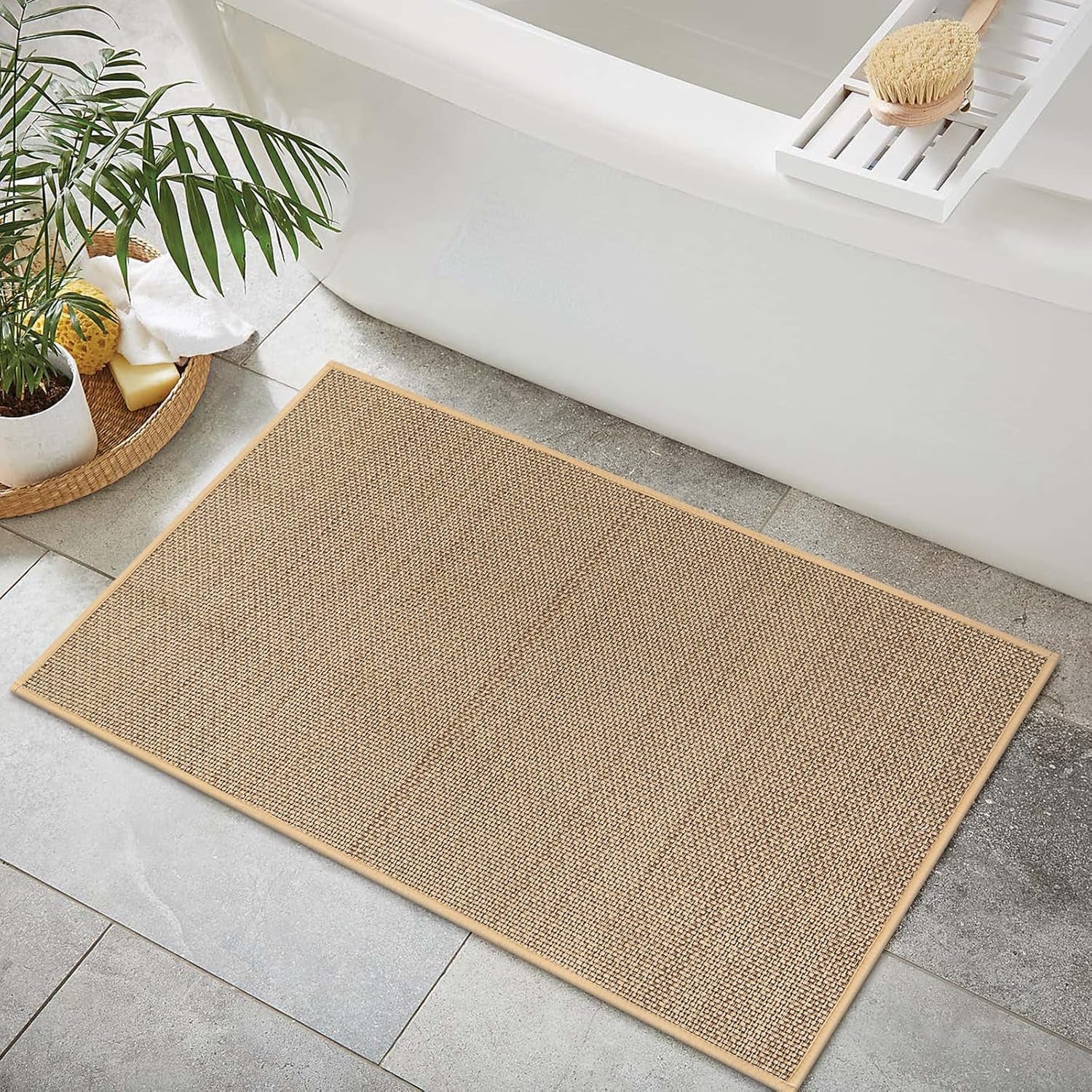 Farmhouse Kitchen Entryway Rug, 2X3 Door Mat Indoor Entrance Washable Small Bathroom Rugs for Bedroom Non Slip Neutral Indoor Floor Carpet for Front Door Porch, Beige