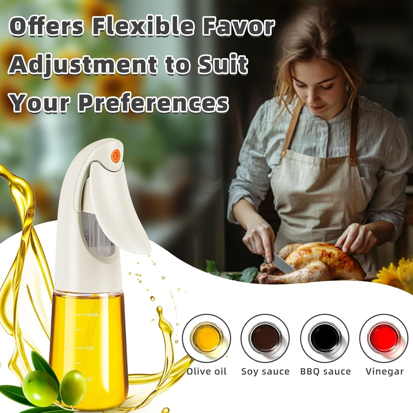 Oil Sprayer for Cooking, Atomization Olive Oil Dispenser Bottle for Cooking,Glass Olive Oil Sprayer, Patented Product,Continuous Spray with Portion Control, for Kitchen, Air Fryer, Salad, BBQ - White