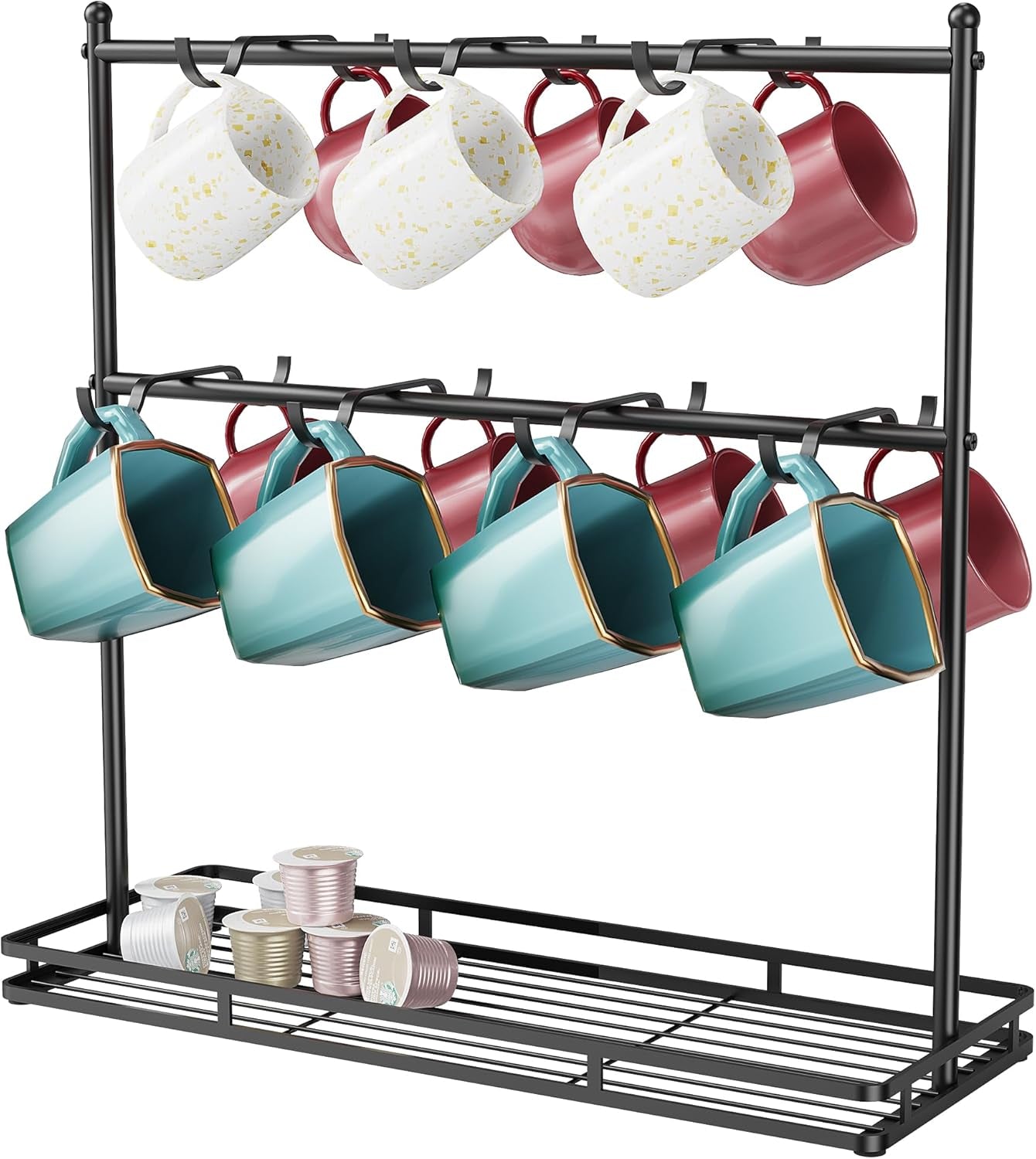 Coffee Mug Holder for Countertop, 14-Hook Mug Tree Rack for 14 Cups, 2 Tier Mug Display Stand with Heavy Duty Metal Base