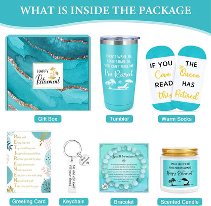 Elegant Retirement Gift Basket for Women 2025 - Thoughtful Retirement Gifts for Coworkers, Teachers, Nurses, Friends, Bosses, Moms, Grandmas, and Retirees, Featuring a 20oz Tumbler, Greeting Card, and "The Queen Has Retired" Socks