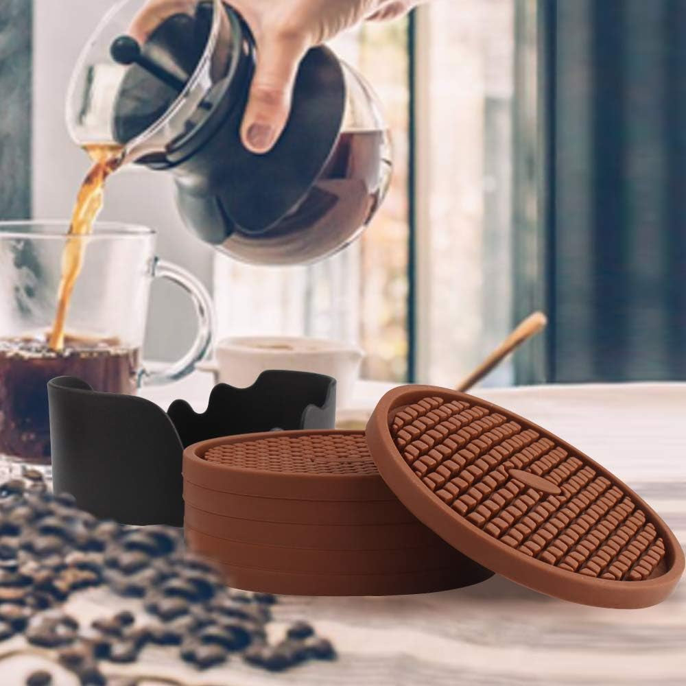 Silicone Coasters [6 Pack] Thickened Drink Coasters with Holder - Cup Mat - Non-Slip, Non-Stick, Stay Put, Deep Tray - Prevents Furniture and Tabletop Damages(Coffee)
