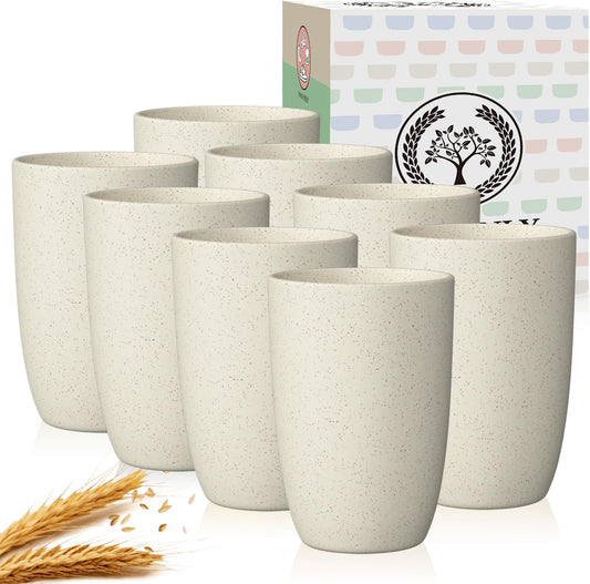 Unbreakable Wheat Straw Drinking Cups - Set of 8, Stackable, Reusable, Dishwasher Safe, 20 OZ, Beige Color