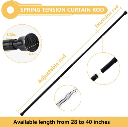 2Pcs Tension Curtain Rod Adjustable 28-40 Inch, Small Tension Rods No Drill, Expandable Spring Loaded Tension Rods for Window (Black)