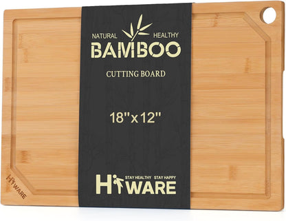 Extra Large Bamboo Cutting Board for Kitchen, Heavy Duty Wood Cutting Board with Juice Groove, 100% Organic Bamboo, Pre Oiled, 18" X 12" X 0.6"