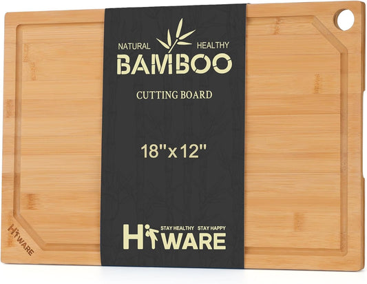 Extra Large Bamboo Cutting Board for Kitchen, Heavy Duty Wood Cutting Board with Juice Groove, 100% Organic Bamboo, Pre Oiled, 18" X 12" X 0.6"