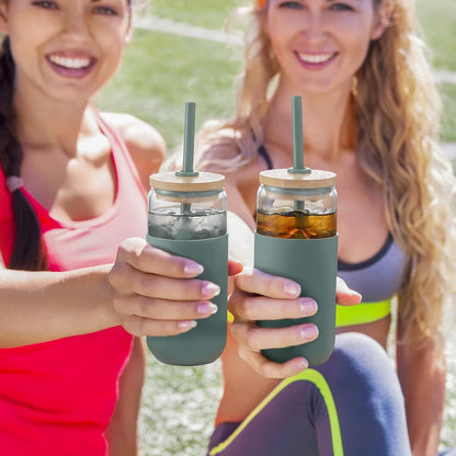 20Oz Glass Water Tumbler with Silicone Protective Sleeve - Beer Shaped Glass Cups with Straw and Bamboo Lid, Iced Coffee Glasses, Cute Drinking Glasses for Water, Smoothie, Gift - Cambridge Blue