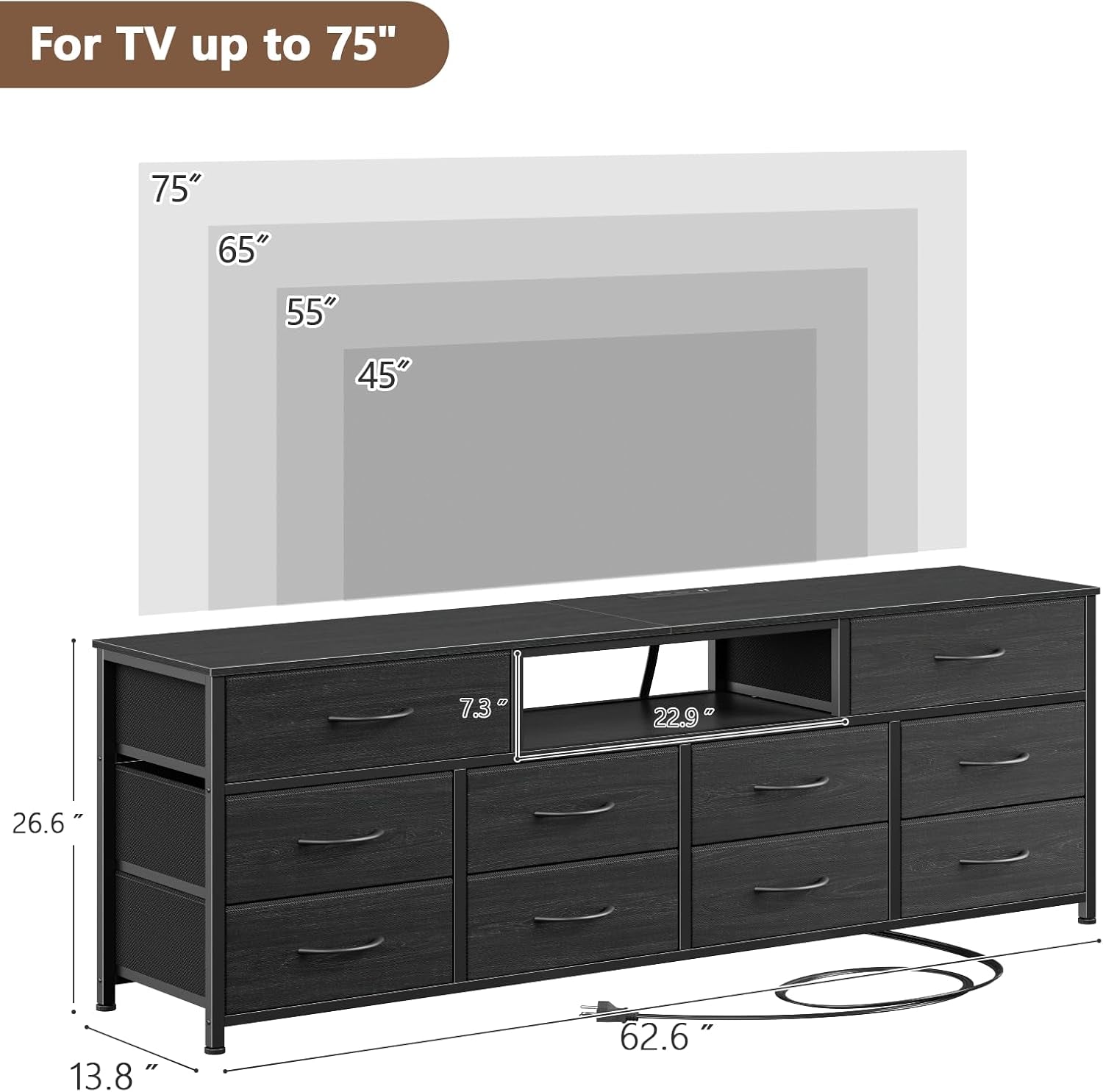 63-Inch Black Dresser and TV Stand for 65 to 75 Inch TVs, Featuring 10 Fabric Drawers, Power Outlet, and LED Lighting