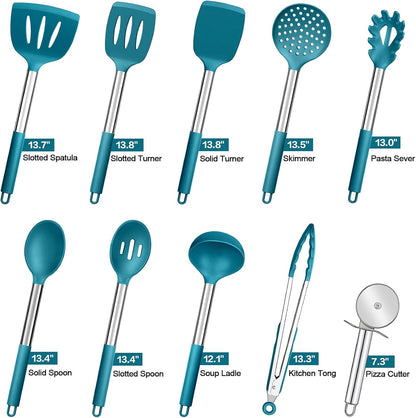Kitchen Utensils Set of 10,  Heat-Resistant Silicone Cooking Utensil with Stainless Steel Handle, Include Turner,Spatula,Spoon,Tong,Pizza Cutter, Dishwasher Safe, Blue