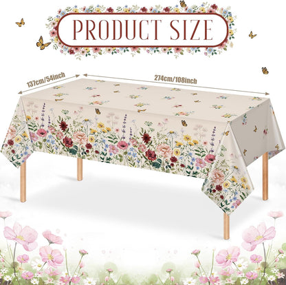 1 Pcs Spring Floral Tablecloth, Butterfly Wildflower Plastic Disposable Tablecloth Rectangle Table Covers for Easter, Birthday, Wedding, Mothers Day Tea Party Supplies and Decorations,54 X 108 Inch