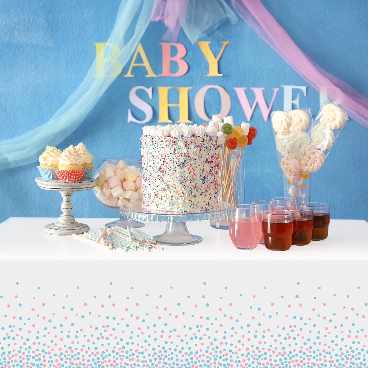 3Pack White and Pink Blue Plastic Tablecloth, White Disposable Table Cloth for Rectangle Tables, Pink Blue Stamping Dot White Tablecloth for Gender Reveal Baby Shower Birthday Party Supplies, 54"X108"