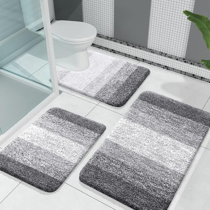 Bathroom Rugs Sets 3 Piece, Soft Absorbent Microfiber Bath Mats and U-Shaped Contour Toilet Rug, Plush Shaggy Bath Mat Set for Bathroom (30"X20"+24"X16"+24"X20", Grey)