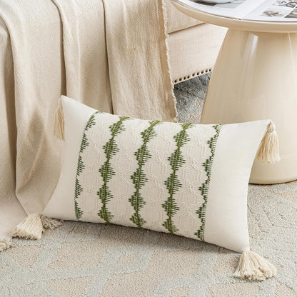 Set of 2 Boho Moss Green Lumbar Decorative Throw Pillow Cover 12X20 Inch for Couch Bed Sofa Chair, Modern Farmhouse Home Decor, Soft Cute Accent Rectangle Cushion Case with Tassels
