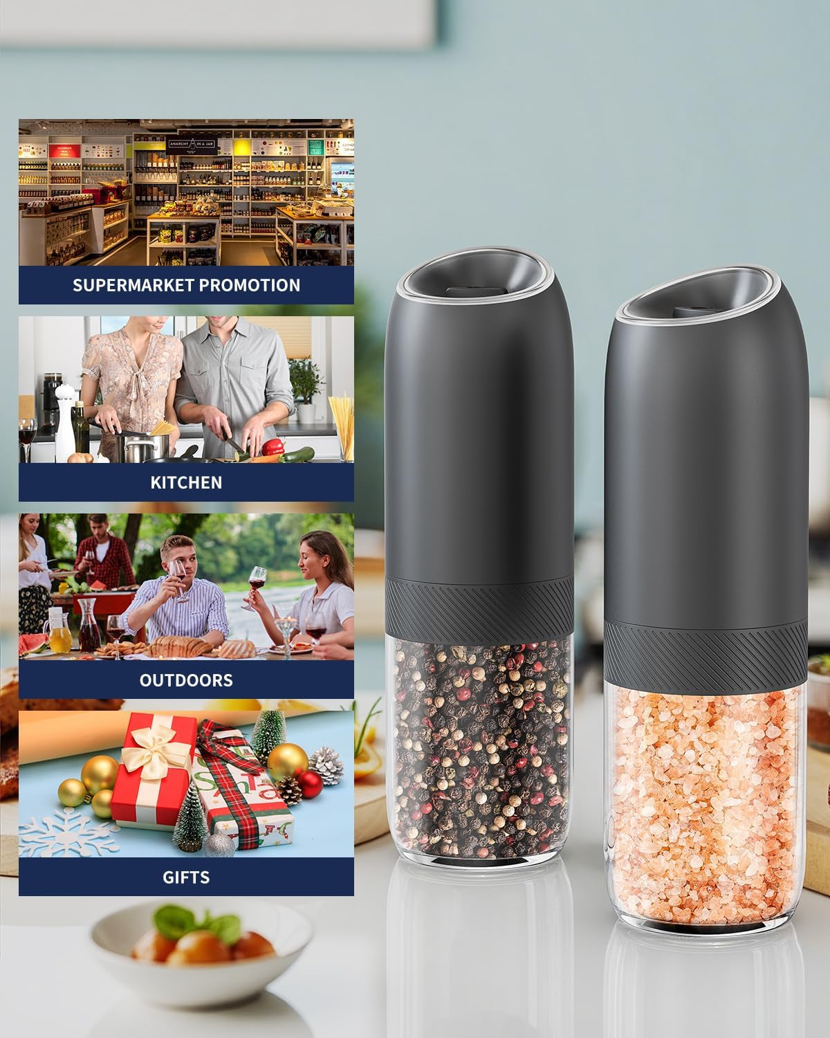 Gravity Electric Salt and Pepper Grinder Set Battery Powered Automatic Pepper Mill Grinders with 176Ml Container, Adjustable Coarseness, Bright LED Light and One Hand Operation, Black