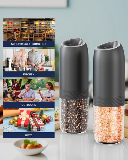 Gravity Electric Salt and Pepper Grinder Set Battery Powered Automatic Pepper Mill Grinders with 176Ml Container, Adjustable Coarseness, Bright LED Light and One Hand Operation, Black