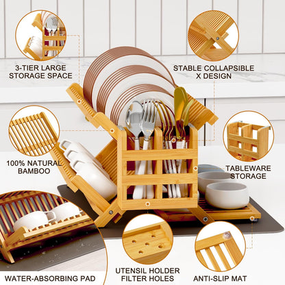 Bamboo Dish Drying Rack with Utensil Holder, 3 Tier Collapsible Dish Rack, Wooden Dish Racks for Kitchen Counter, Large Folding Drying Holder with Absorbent Dish Drying Mat