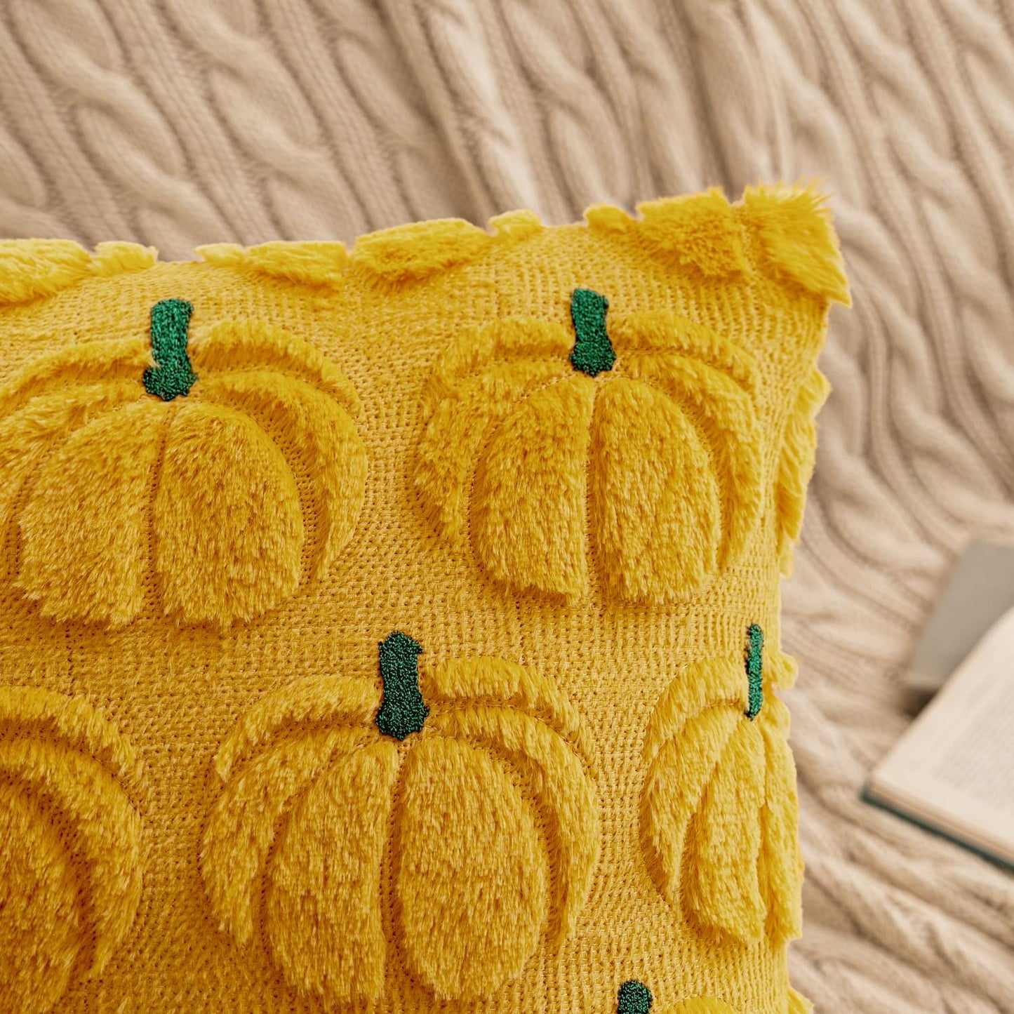 Autumn-Inspired Pumpkin Throw Pillow Covers Set of 2 - Mustard Yellow and Green Stem, 18 x 18 Inches, Soft Plush Faux Fur Decorative Cushions for Home, Porch, and Halloween Decor