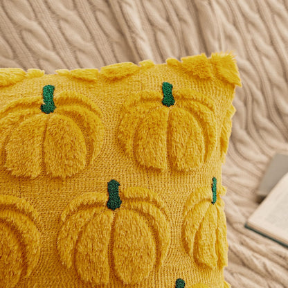Autumn-Inspired Pumpkin Throw Pillow Covers Set of 2 - Mustard Yellow and Green Stem, 18 x 18 Inches, Soft Plush Faux Fur Decorative Cushions for Home, Porch, and Halloween Decor
