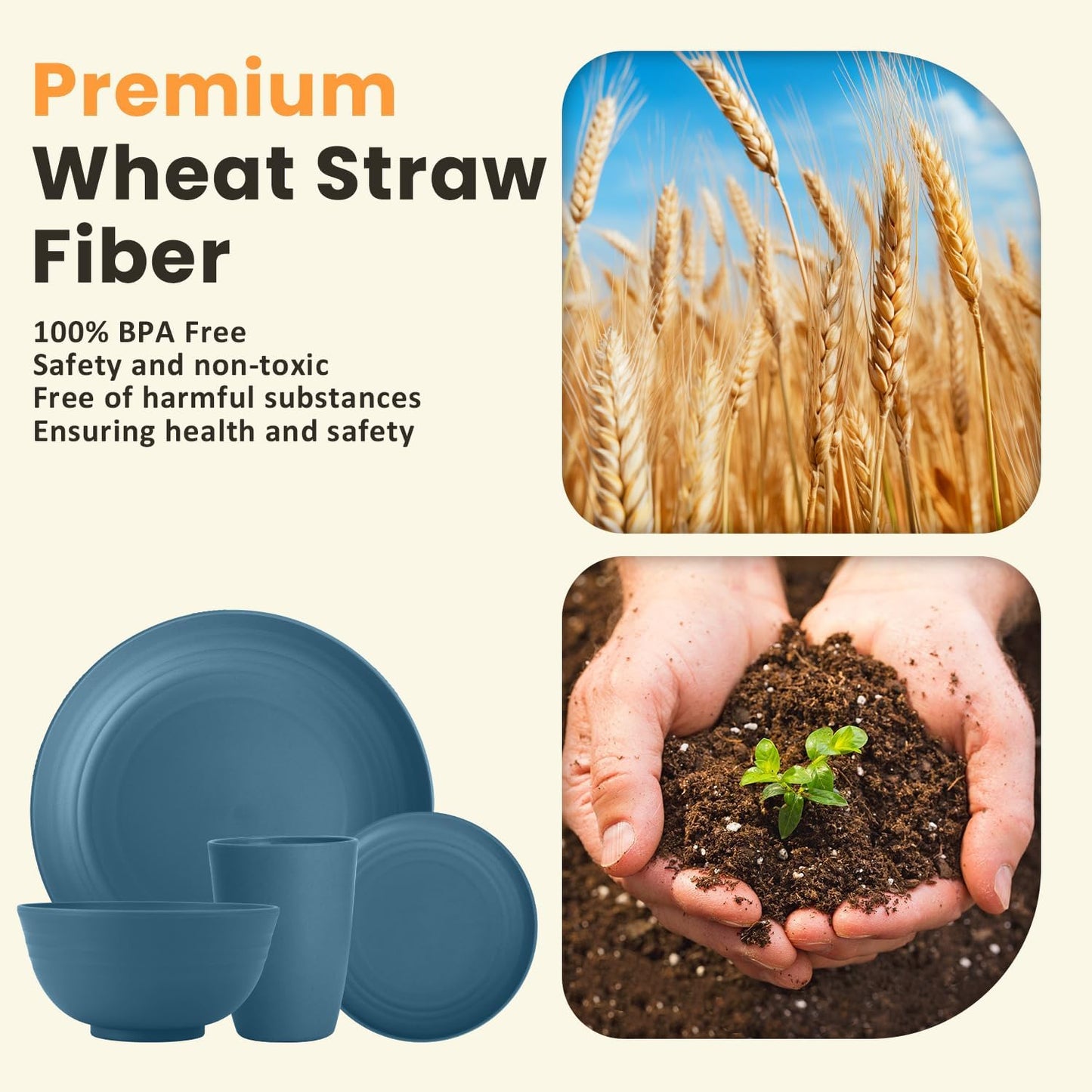 Premium Wheat Straw Dinnerware Set - Complete with Dinner Plates, Dessert Plates, Cereal Bowls, and Drinking Glasses - Microwave and Dishwasher Safe - Perfect for Camping - Blue
