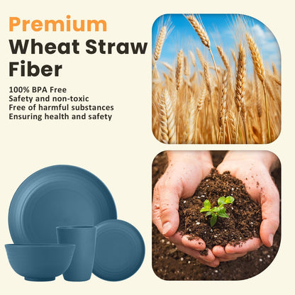 Premium Wheat Straw Dinnerware Set - Complete with Dinner Plates, Dessert Plates, Cereal Bowls, and Drinking Glasses - Microwave and Dishwasher Safe - Perfect for Camping - Blue