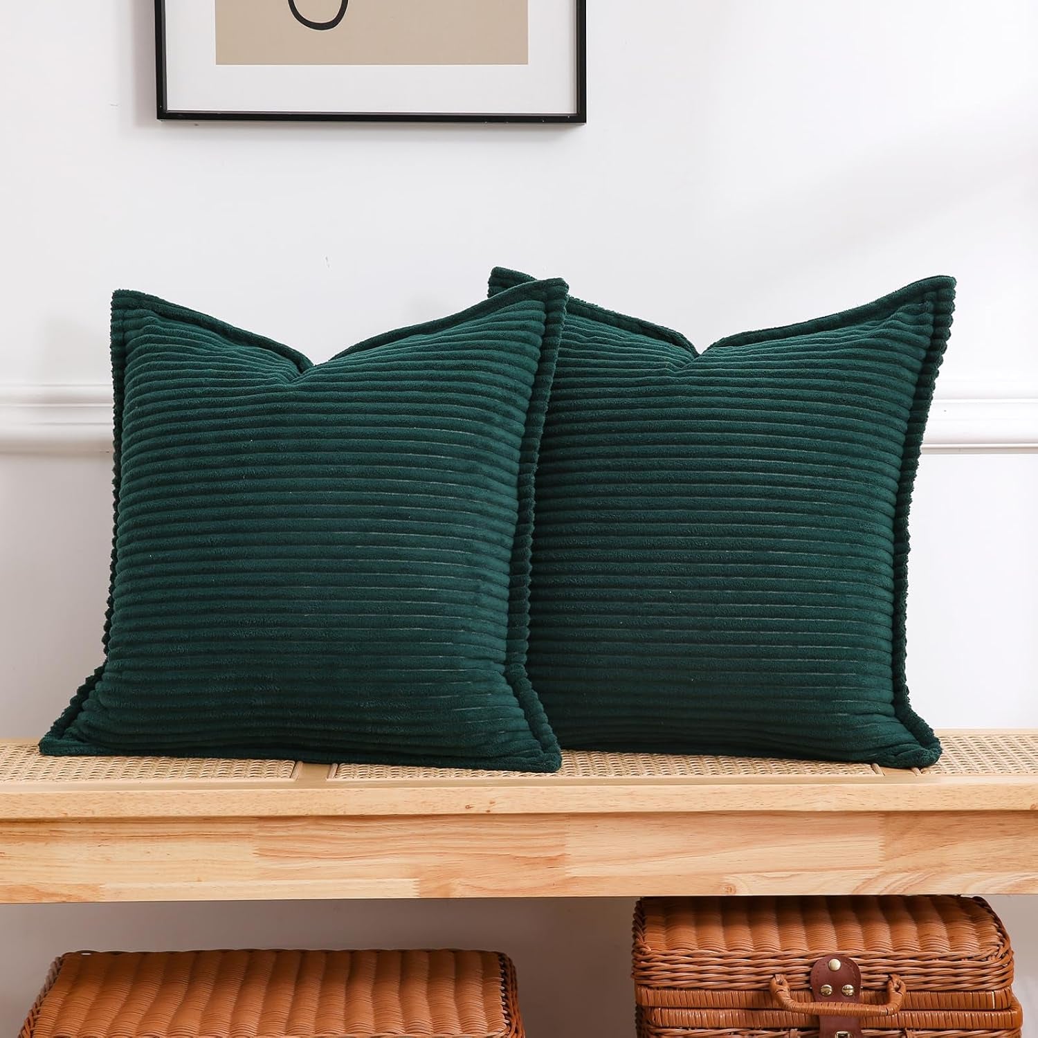 Corduroy Dark Green Throw Pillow Covers Set of 2 Striped Boho Decorative with Edge Design,Super Soft Throw Pillow Cushion Covers for Couch Sofa Living Room Solid Square 18×18Inch/45Cm×45Cm