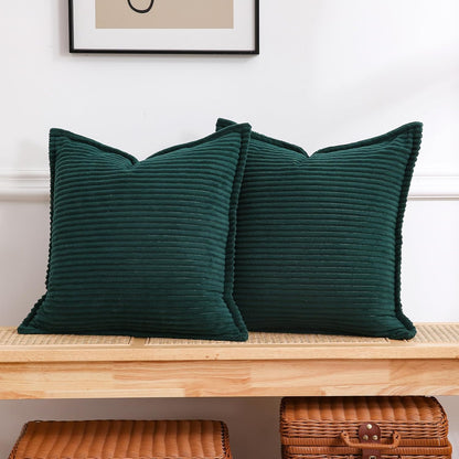 Corduroy Dark Green Throw Pillow Covers Set of 2 Striped Boho Decorative with Edge Design,Super Soft Throw Pillow Cushion Covers for Couch Sofa Living Room Solid Square 18×18Inch/45Cm×45Cm