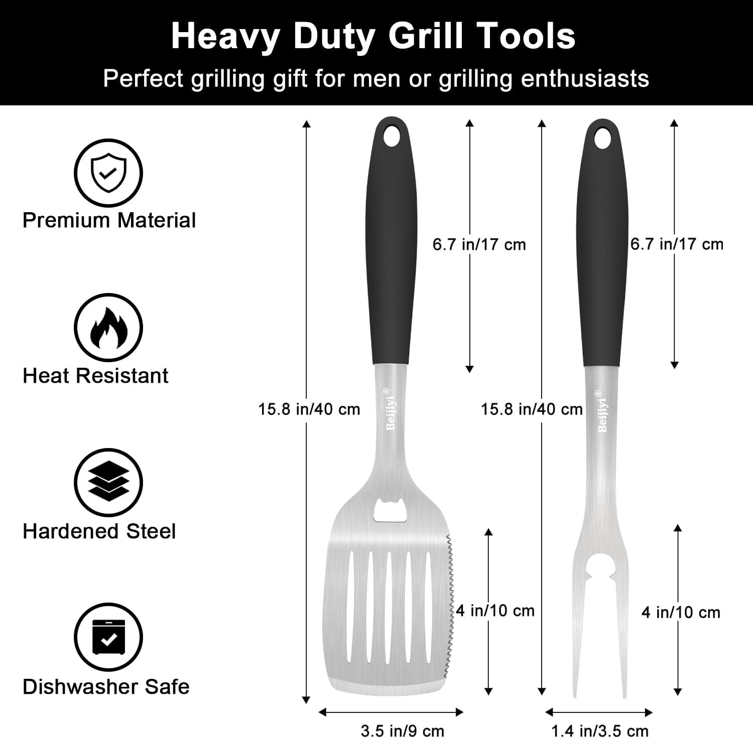 2-Piece Heavy Duty BBQ Grill Tools Set, Professional Stainless Steel Grilling Spatula & Fork with Full Tang Silicone Handle, Outdoor Grill Accessories for Barbecue Cooking
