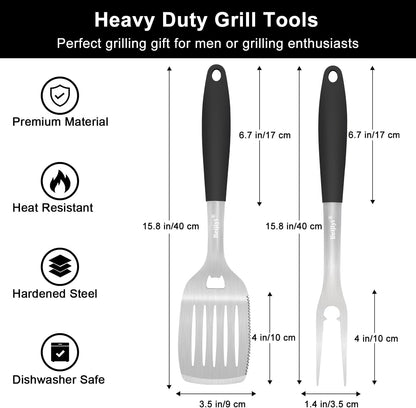 2-Piece Heavy Duty BBQ Grill Tools Set, Professional Stainless Steel Grilling Spatula & Fork with Full Tang Silicone Handle, Outdoor Grill Accessories for Barbecue Cooking